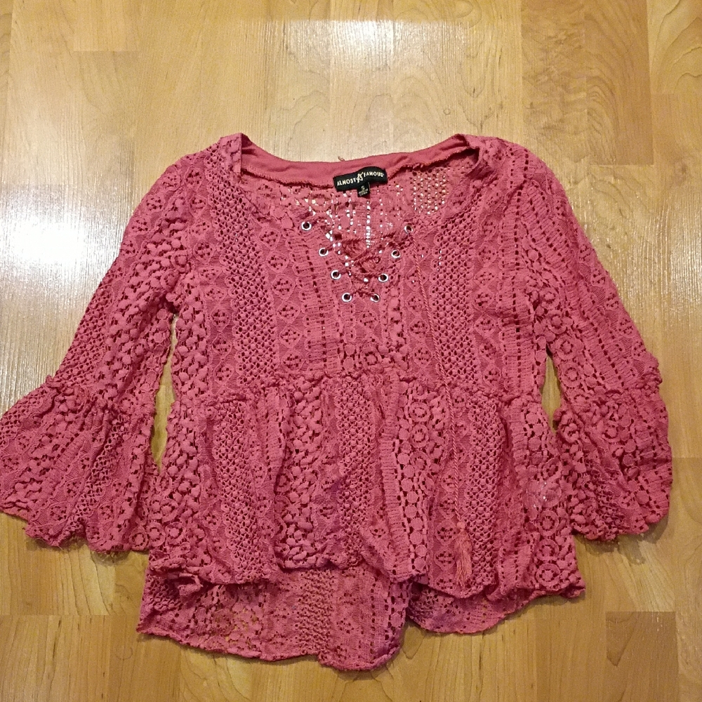 Almost Famous Rose Crochet Lace Peplum Blouse with Lace-Up V-Neck